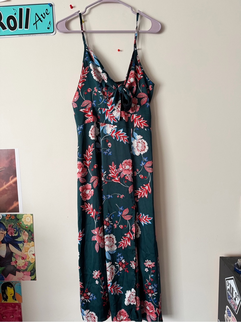 Floral Tie-Front Slip Dress in Dark Green